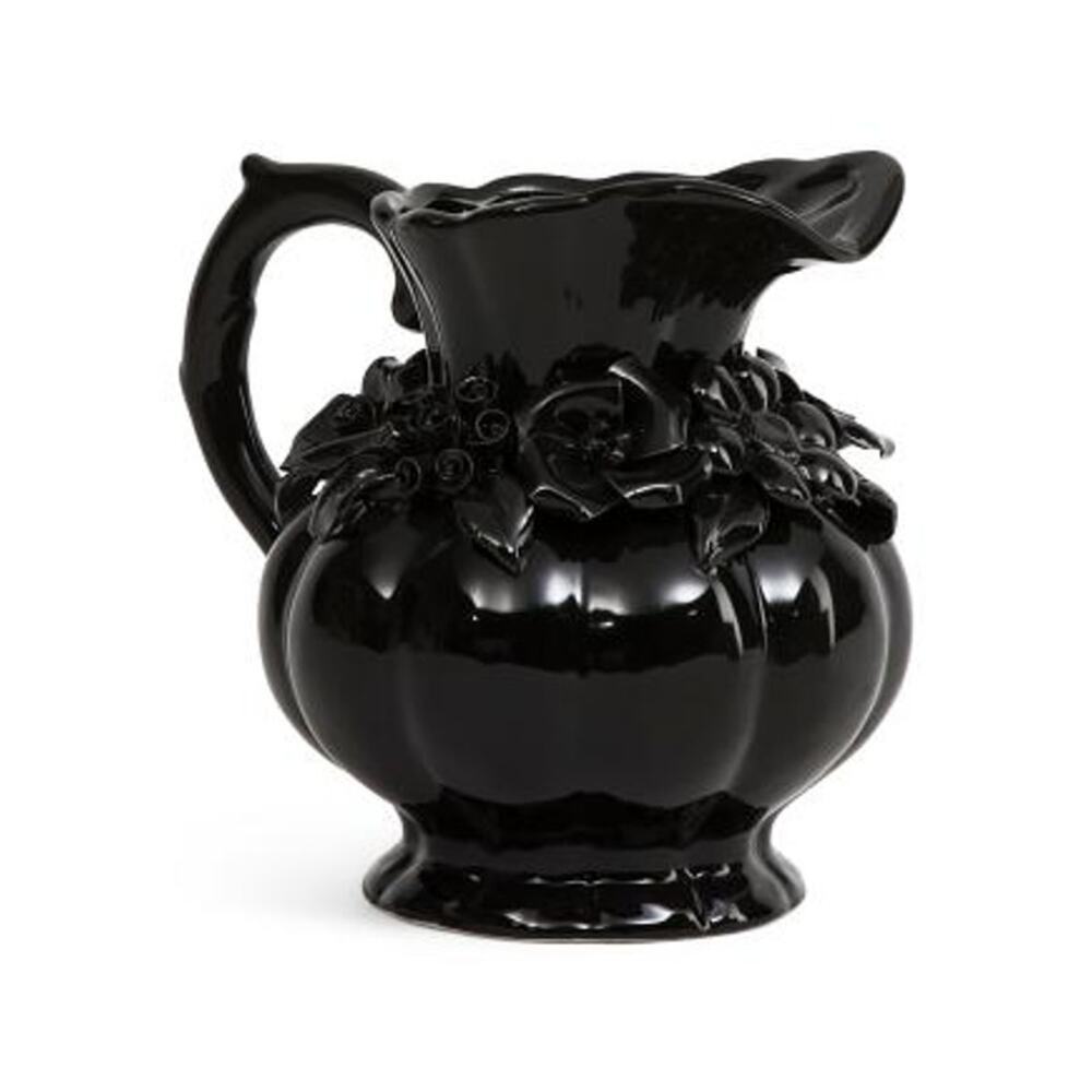 Potter's Studio Black Floral Ceramic Pitcher w/ Embossed Roses 7" Chic Halloween